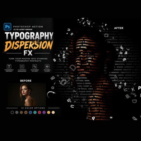 TYPOGRAPHY DISPERSION FX — Photoshop Action cover image.