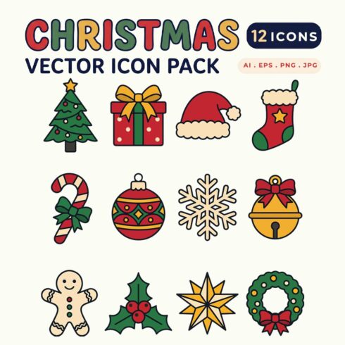 Christmas Icons Set – 12 Colorful Filled Vector Icons cover image.