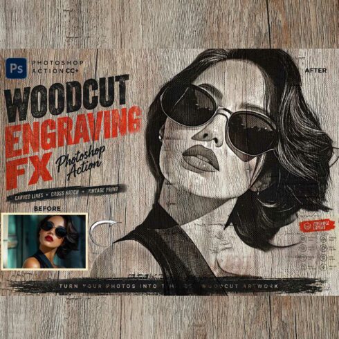 WOODCUT ENGRAVING SKETCH FX — Photoshop Action cover image.
