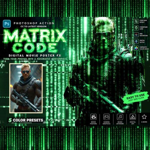 MATRIX CODE — Digital Movie Poster FX Photoshop Action cover image.