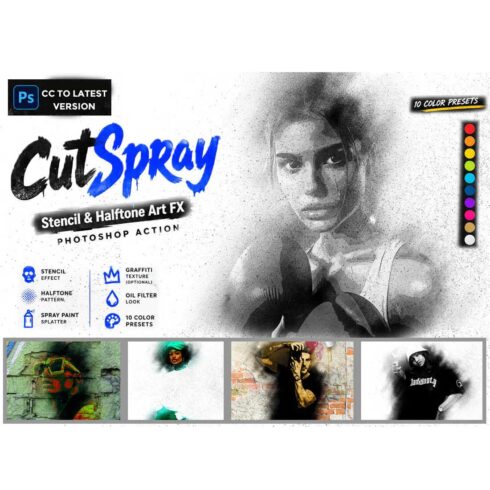 CutSpray – Stencil & Halftone Art FX Photoshop Action cover image.