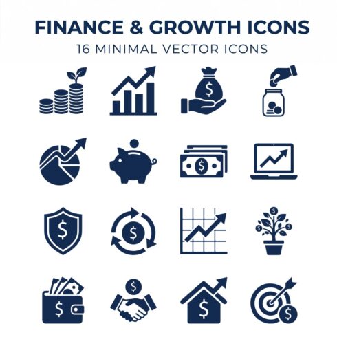 Finance & Growth Icons Set – 16 Minimal Navy Blue Vector Icons cover image.