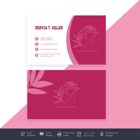 Makeup Artist Business Card Template – Elegant Magenta Line Art Design | Beauty Salon & Cosmetics Card cover image.