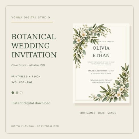 Wedding Invitation Template SVG 5x7 Olive Grove Botanical cover image.