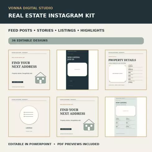 Real Estate Agent Instagram Kit: 24 Posts, 2 Listing Cards & 10 Highlight Covers cover image.