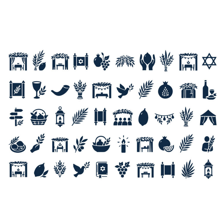 Sukkot Icon Set for Sale, Jewish Holiday and Sukkah Vector Icons, Lulav and Etrog Graphics, Harvest Festival Symbols for Commercial Websites, Cards and Event Designs cover image.
