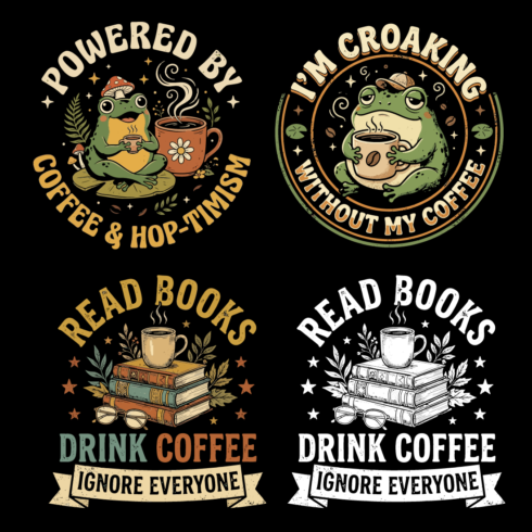 Coffee, Books & Funny Frog Quotes Vintage T-Shirt Design Bundle cover image.