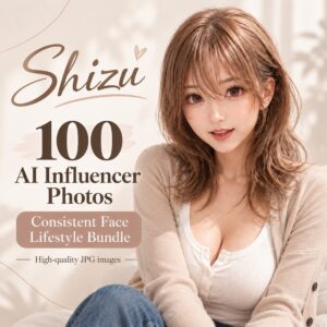 100 AI Influencer Photos – Consistent Face Shizu Lifestyle Photo Bundle cover image.