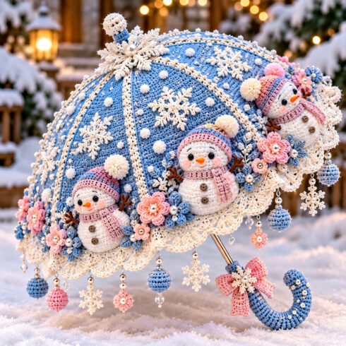 Snowfall Friends Winter Wonderland Crochet Umbrella PDF Pattern | Cute 3D Snowman Amigurumi & Snowflake Christmas Decoration cover image.