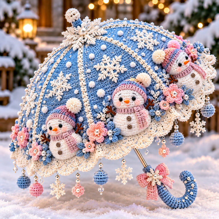 Snowfall Friends Winter Wonderland Crochet Umbrella PDF Pattern | Cute 3D Snowman Amigurumi & Snowflake Christmas Decoration cover image.