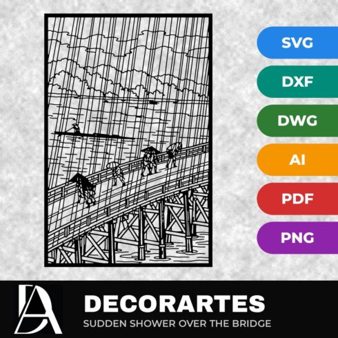 Sudden Shower Flow-Line Wall Art – Hiroshige Bridge Laser Cut SVG DXF File cover image.