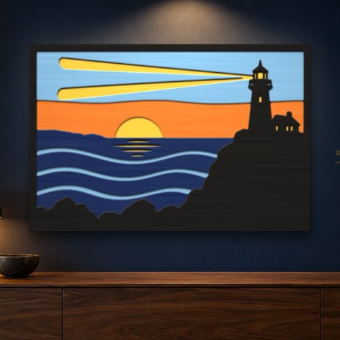 Lighthouse Sunset Multilayer Wall Art – 5 Layer Coastal Laser Cut SVG DXF File cover image.