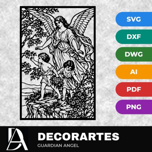 Guardian Angel Flow-Line Wall Art ā Angel with Children Laser Cut SVG DXF File cover image.
