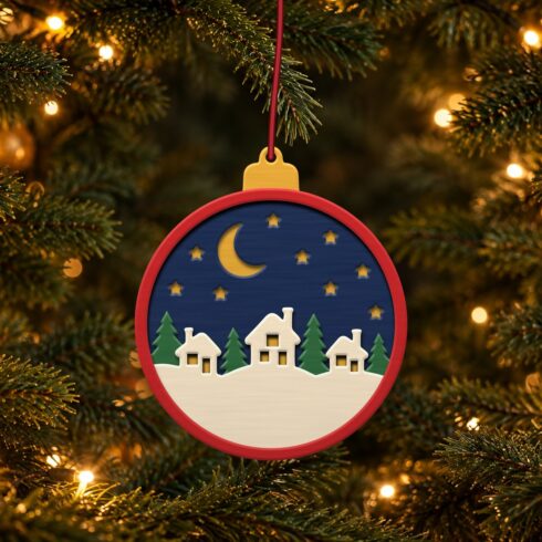 Village Christmas Ornament Multilayer – 5 Layer Laser Cut Bauble SVG DXF File cover image.