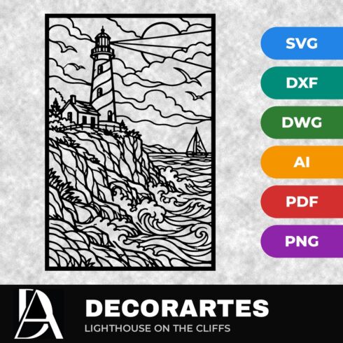 Lighthouse on the Cliffs Flow-Line Wall Art – Nautical Laser Cut SVG DXF File cover image.