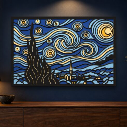 The Starry Night Multilayer Wall Art – 5 Layer Van Gogh Laser Cut SVG DXF File cover image.