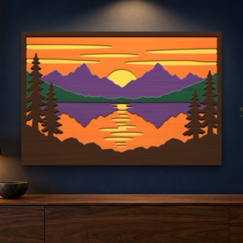 Mountain Lake Sunset Multilayer Wall Art – 5 Layer Landscape Laser Cut SVG DXF File cover image.