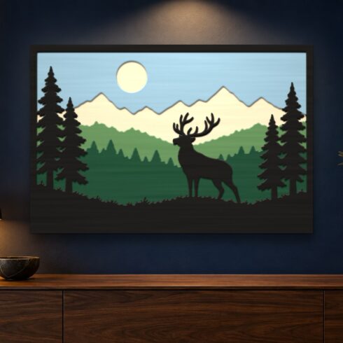 Deer Forest Multilayer Wall Art – 5 Layer Stag and Mountains Laser Cut SVG DXF File cover image.