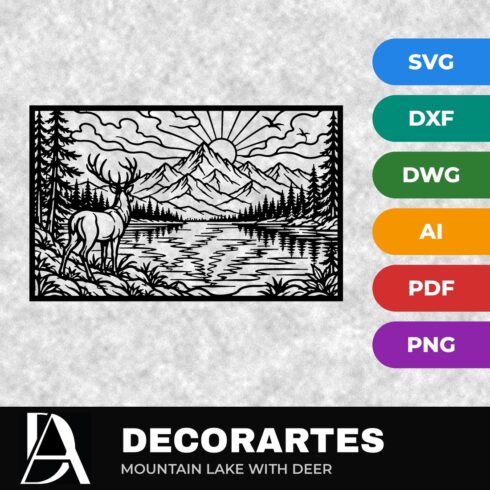 Mountain Lake with Deer Flow-Line Wall Art – Cabin Laser Cut SVG DXF File cover image.