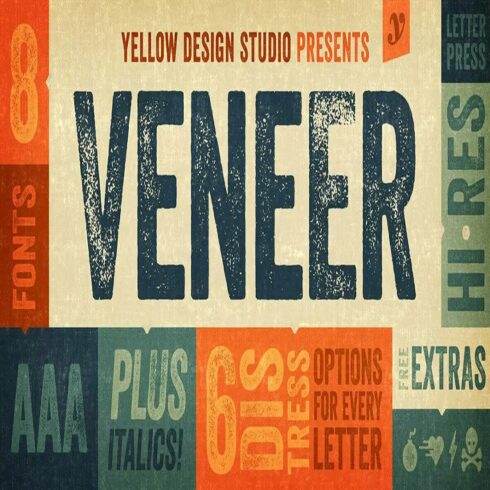 Veneer Vintage Letterpress Font Family – High-Detail Grunge Display Font with Extras cover image.
