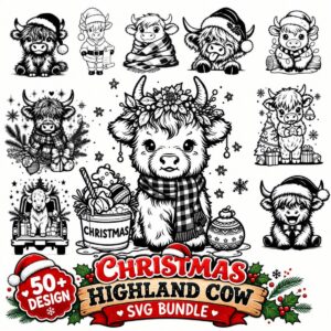 Christmas Highland Cow SVG Bundle – Cute Holiday Cow Cut Files cover image.