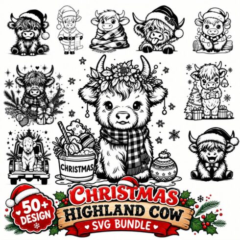 Christmas Highland Cow SVG Bundle – Cute Holiday Cow Cut Files cover image.