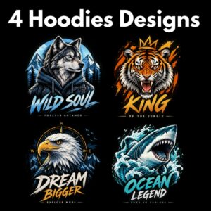 Wild Animal T-Shirt & Hoodie Designs Bundle – 4 Unique Wildlife Apparel Graphics cover image.