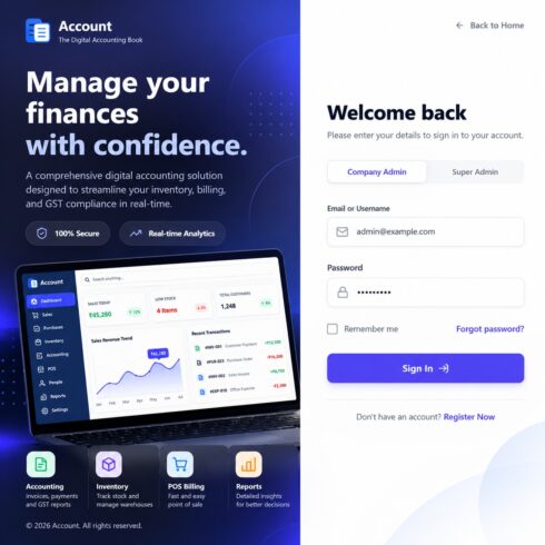 Bill Book Account – React 19 Accounting, POS Billing & Inventory SaaS Dashboard UI cover image.