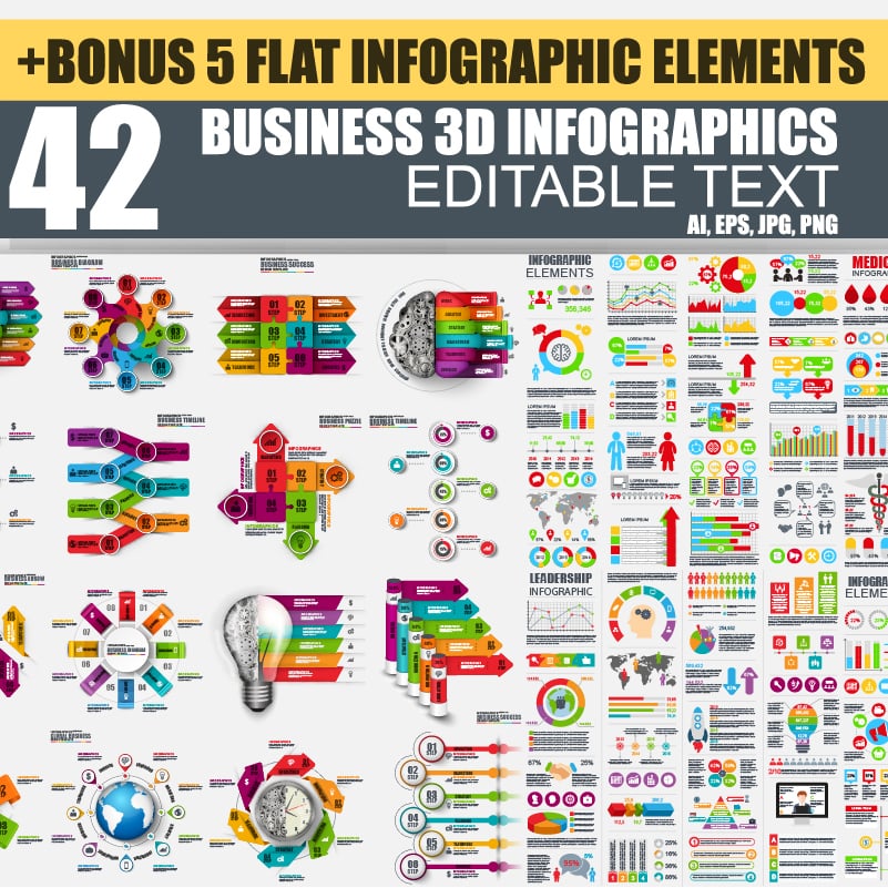42 Business 3D Infographic Elements + 5 Flat Infographics – just $20
