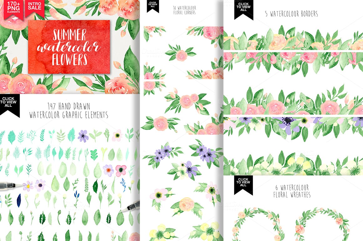 Sweet Watercolor Bundle: 320+ Elements with Extended License