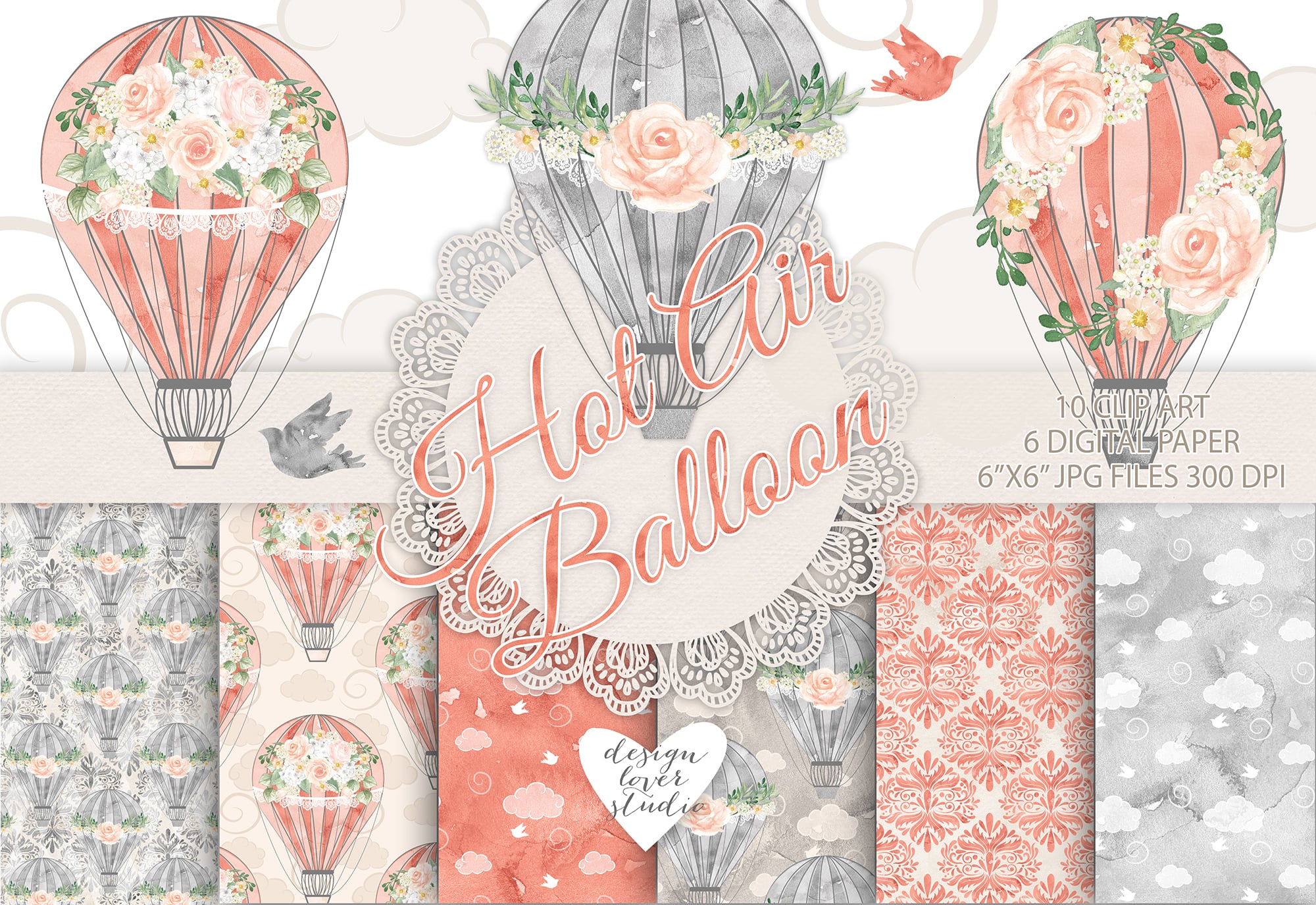 Watercolor Hot Air balloon flowers digital paper, Balloon pattern, seamless pattern, Repeatable Digital Paper, coral red, gray, damask
