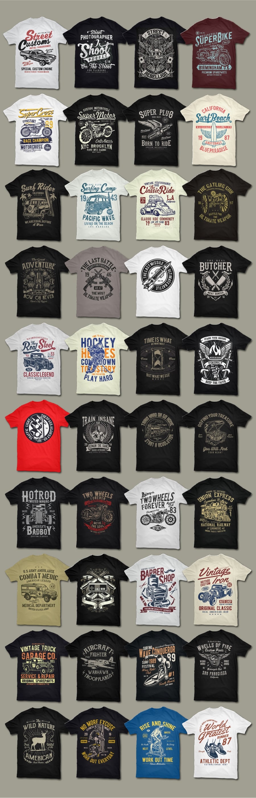A huge collection of different T-shirts with graphics for every taste.