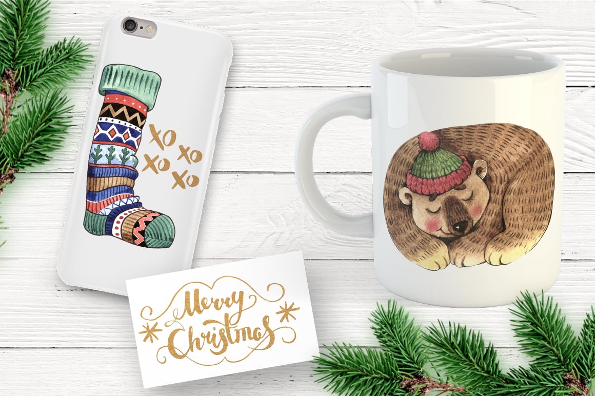 Cup and case with holiday illustration.