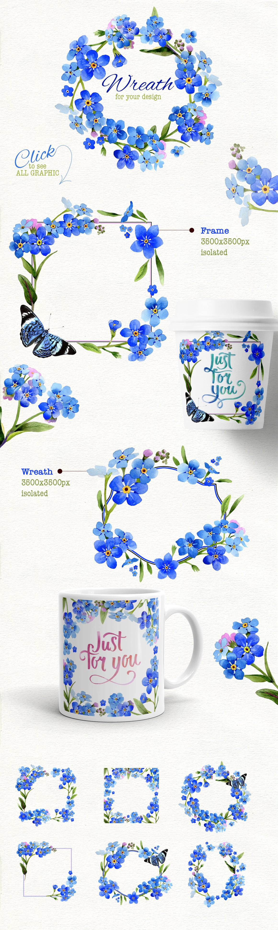 Diverse of myosotis flowers in different shapes.