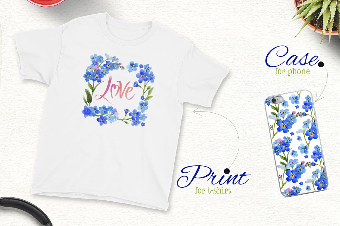 White t-shirt with minimalist blue flowers frame.