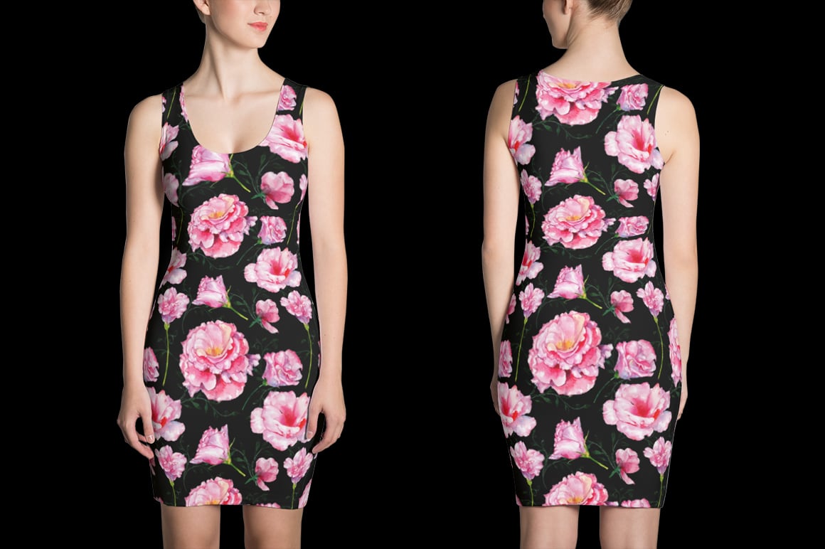 Black dress with pink roses.