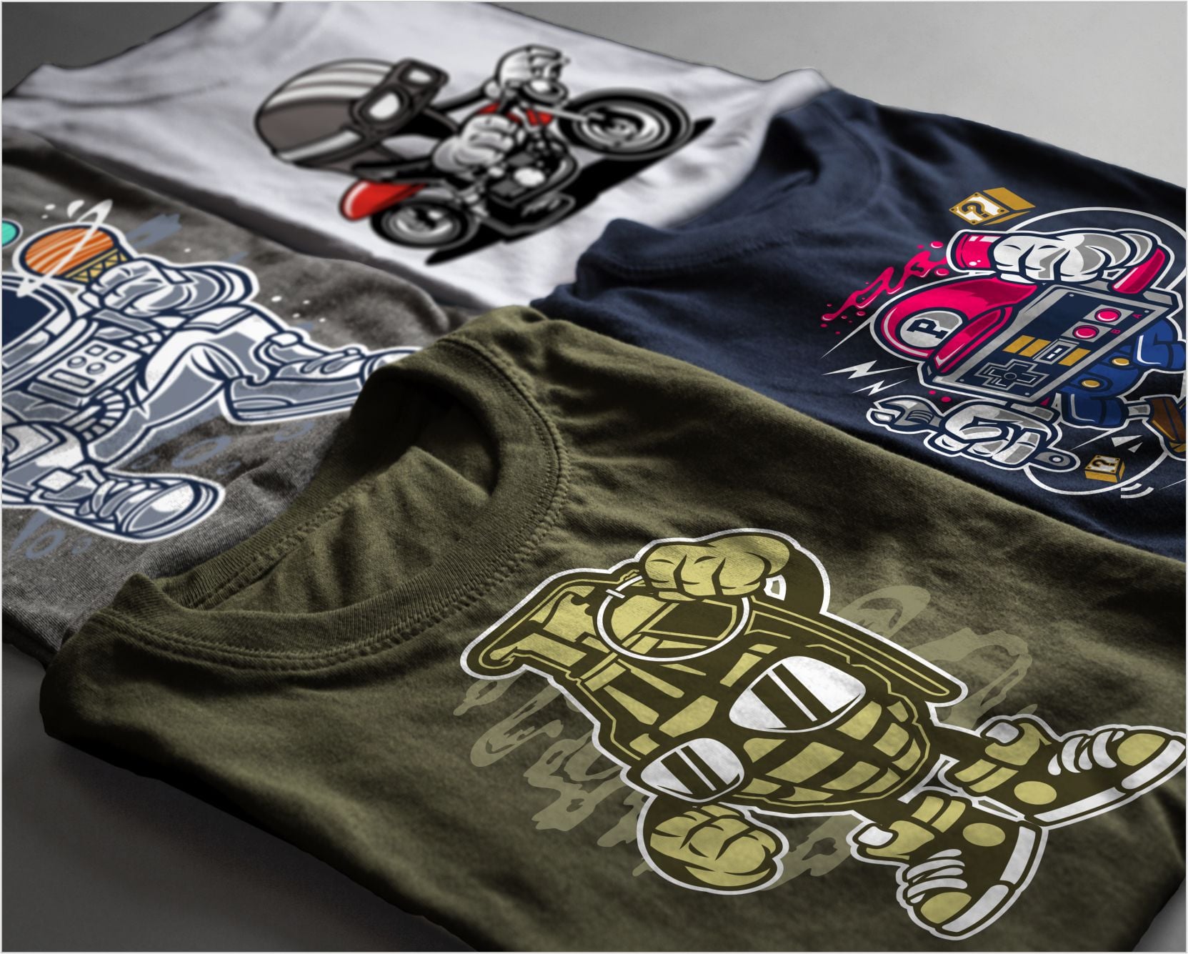 High-quality t-shirts collection with cartoon graphics.