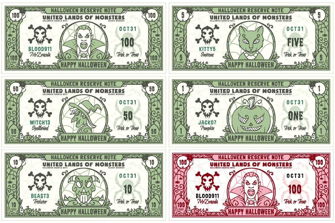 Halloween Money Banknotes Vector Set