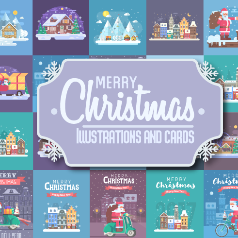 New Year and Christmas Illustrations and Cards Bundle – $15
