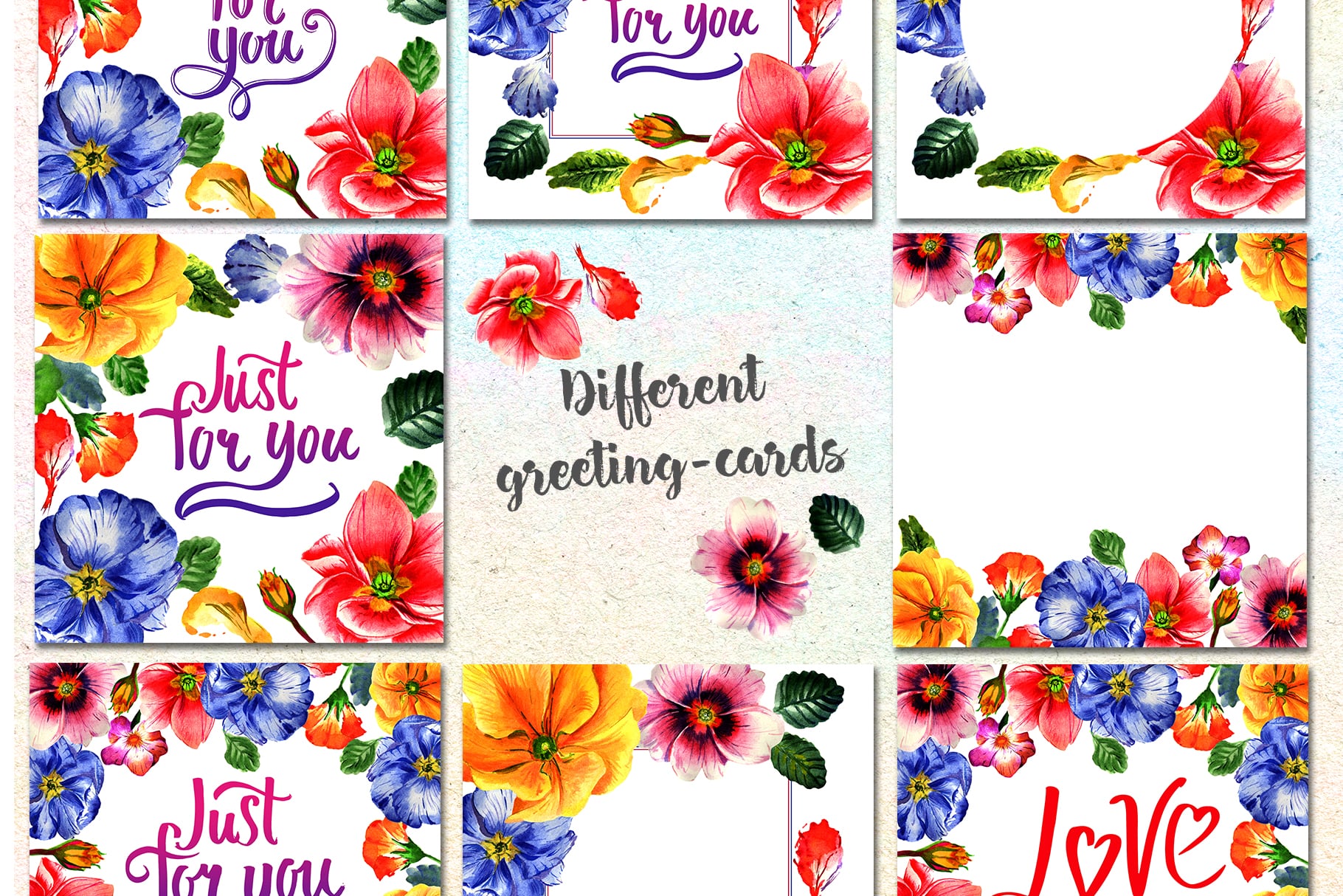 Different flowers greeting cards.