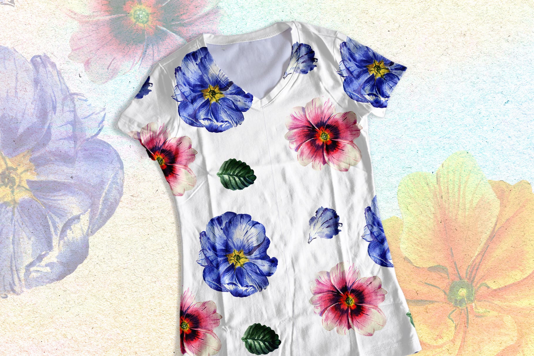 White t-shirt with Primrose or Primula Flowers.