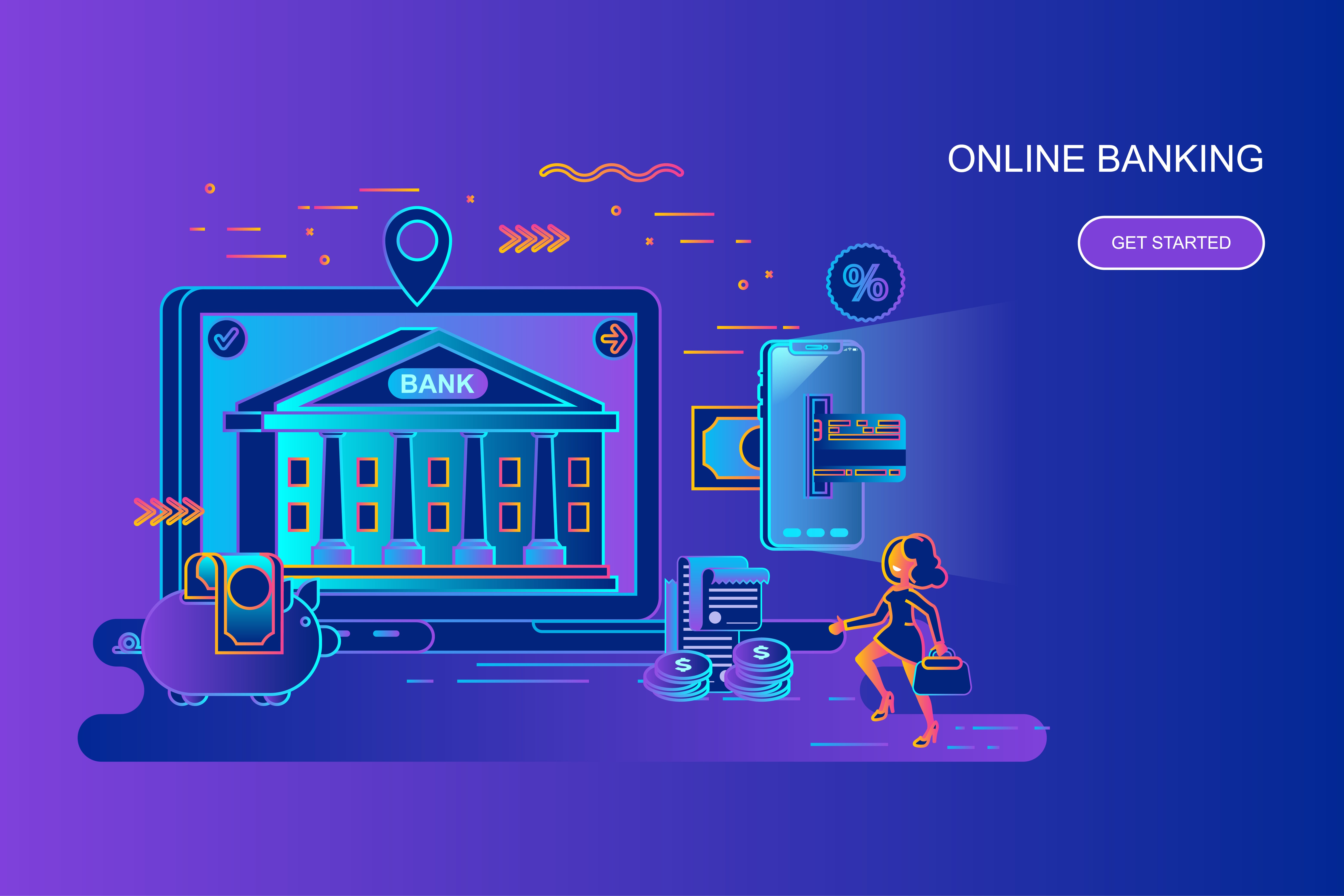Modern gradient flat line concept web banner of online banking with decorated small people character. Landing page template. Conceptual vector illustration for web and graphic design, marketing.