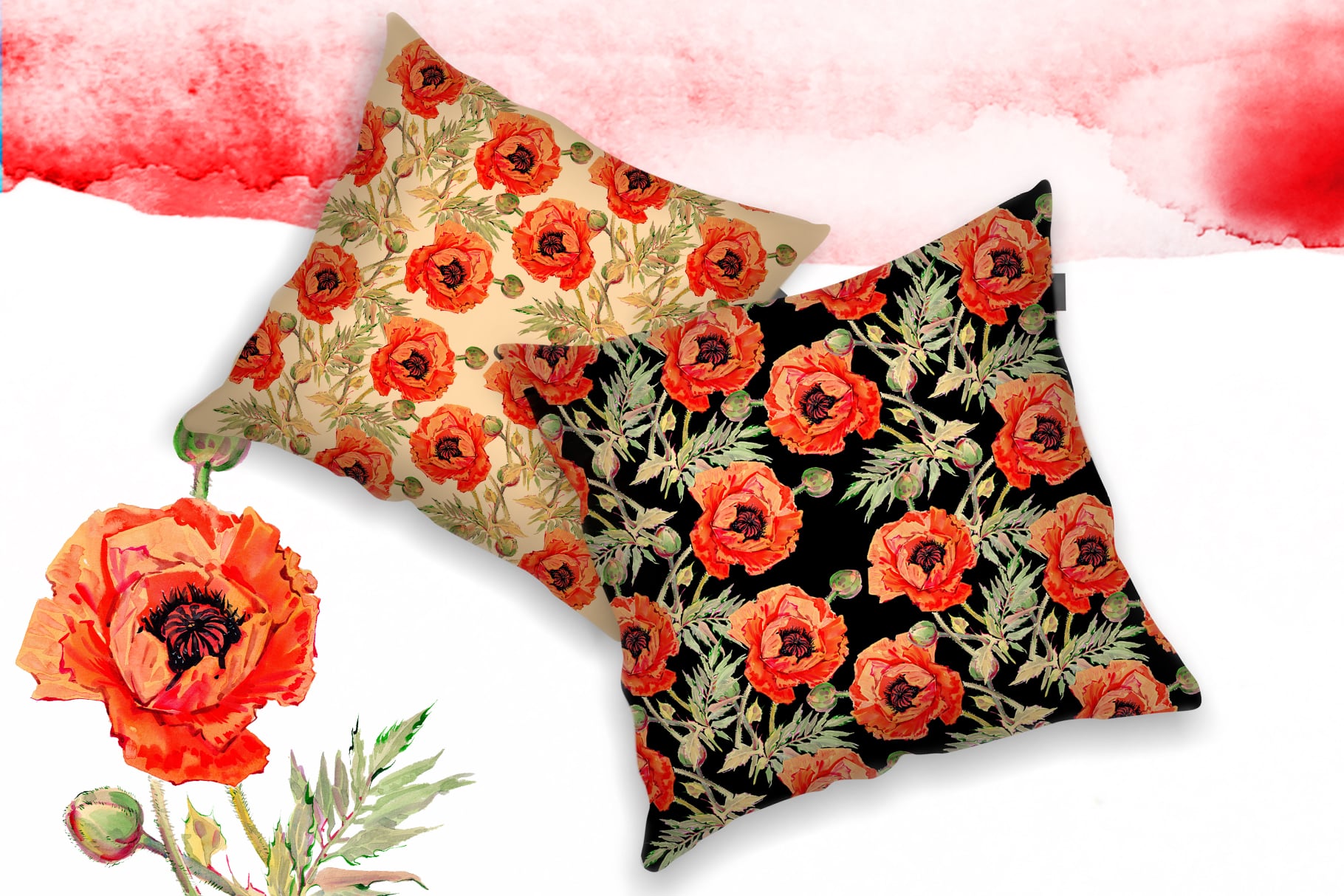 Two decorate pillows with red poppies.