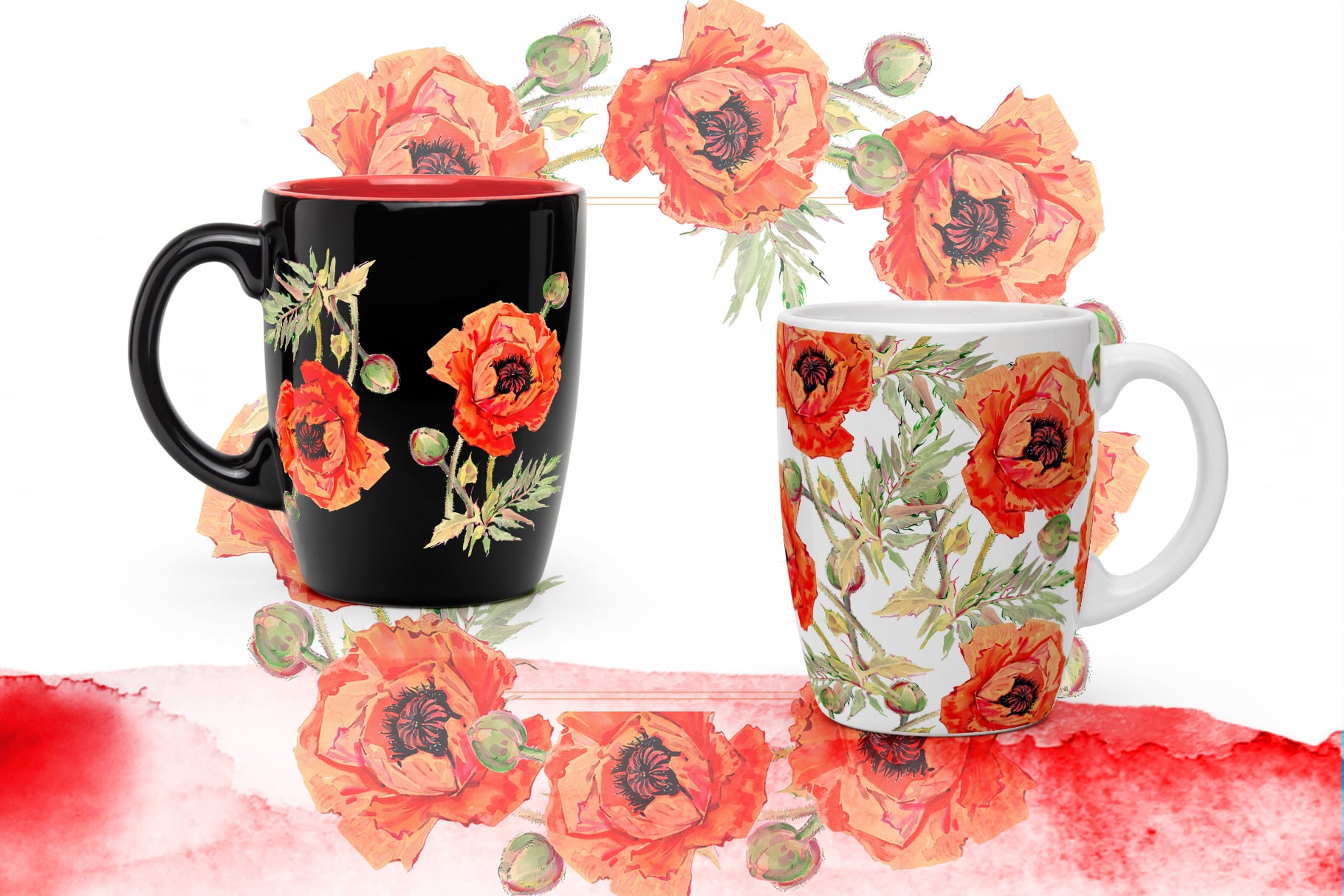 Two cups with watercolor red poppies.