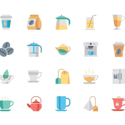 Simple Set Coffee and Tea Flat Icons for Website and Mobile Apps. Contains such Icons as Juice, Cappuccino, Drink, Herbal. 48x48 Pixel Perfect. Vector illustration.