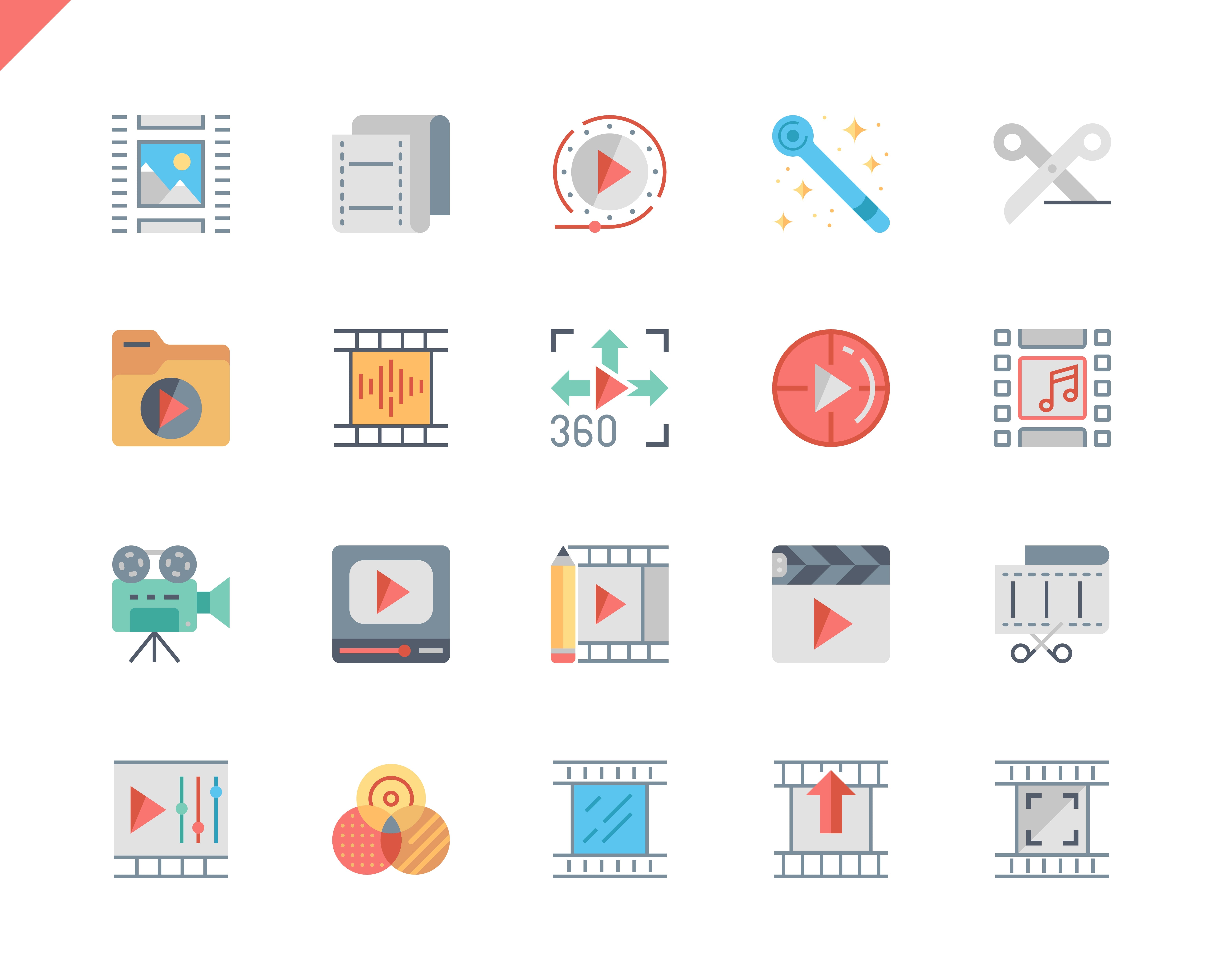 Simple Set Video Editing Flat Icons for Website and Mobile Apps. Contains such Icons as Camera, Multimedia, Filters, Frame, Photography. 48x48 Pixel Perfect. Vector illustration.