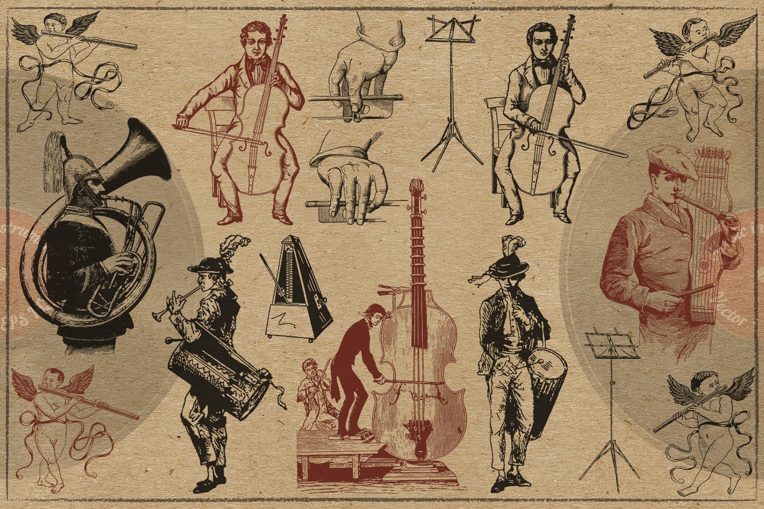 Vintage images of men playing musical instruments.