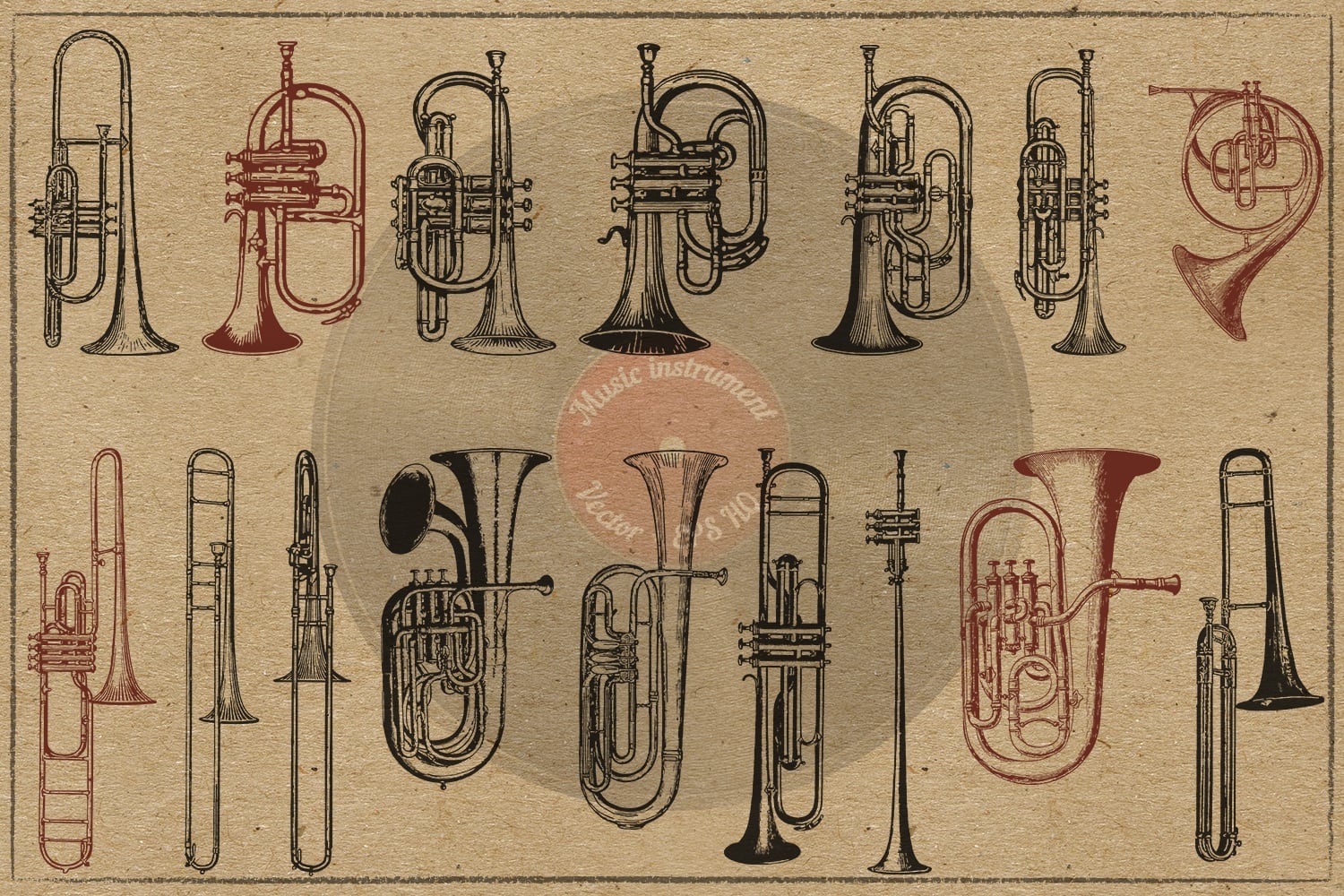 Musical trumpet in retro style. There is a large collection of trumpets of different ages.