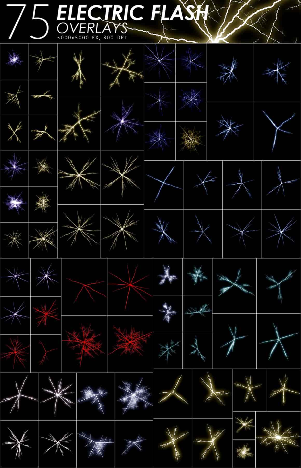 Lightning strikes in different positions and colors.