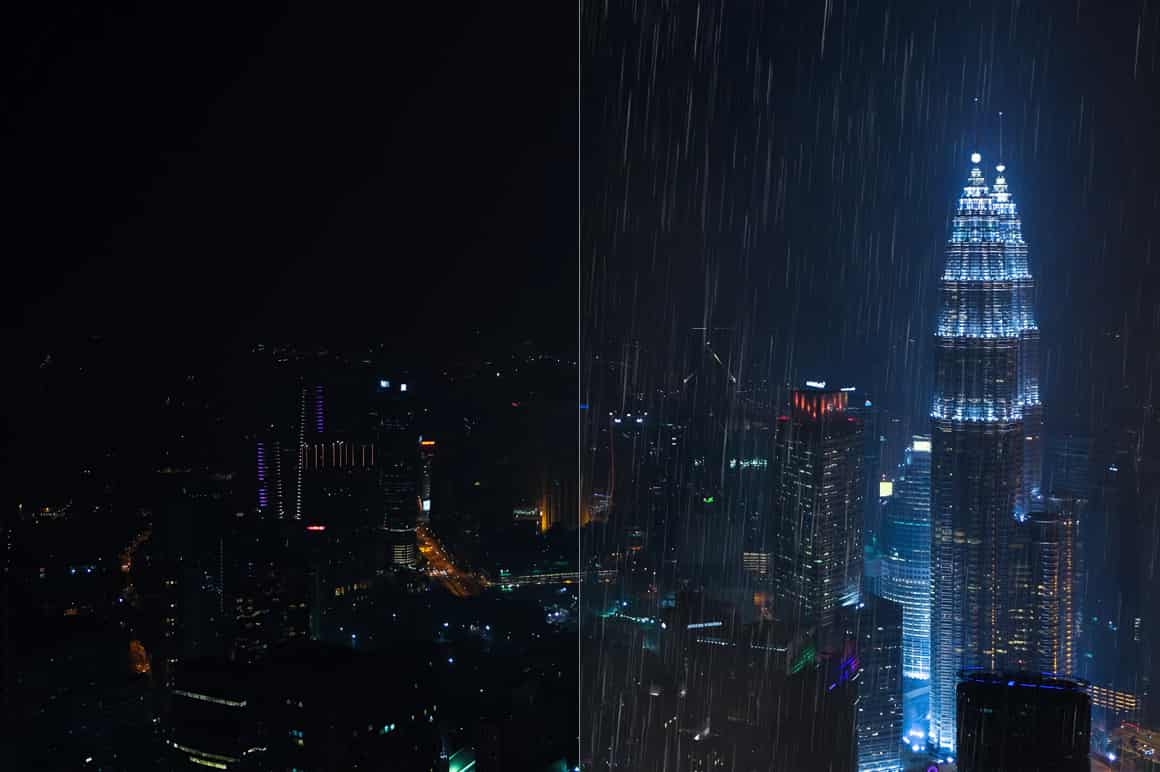 Two types of city at night - calm and quiet and during a thunderstorm.